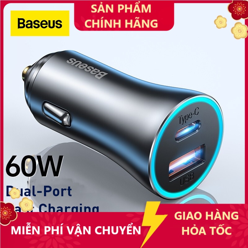 Bộ sạc ô tô Baseus 60W Sạc nhanh 4.0 3.0 Kép USB loại C Sạc nhanh cho Bộ sạc điện thoại ô tô Samsung Xiaomi [ HSHOP ]