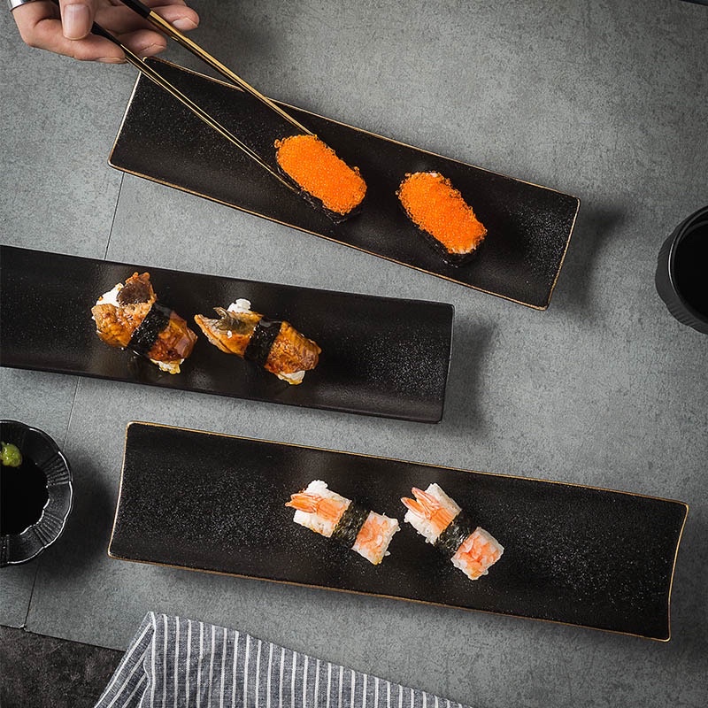 Đĩa sứ sushi Men nhám đen Viền vàng , đĩa sứ dài kiểu Nhật
