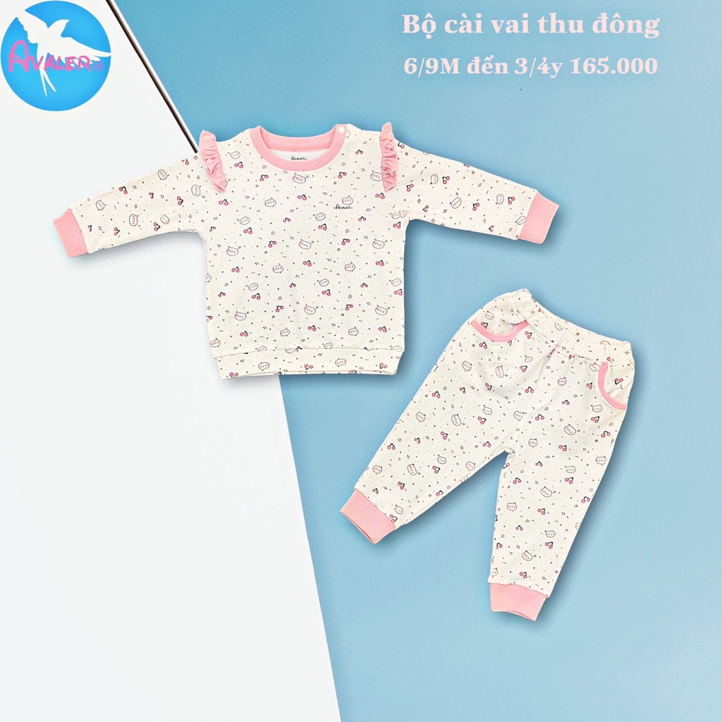 [CHÍNH HÃNG] Bộ quần áo trẻ em cài vai dài tay thu đông nỉ mỏng họa tiết đáng yêu Avaler