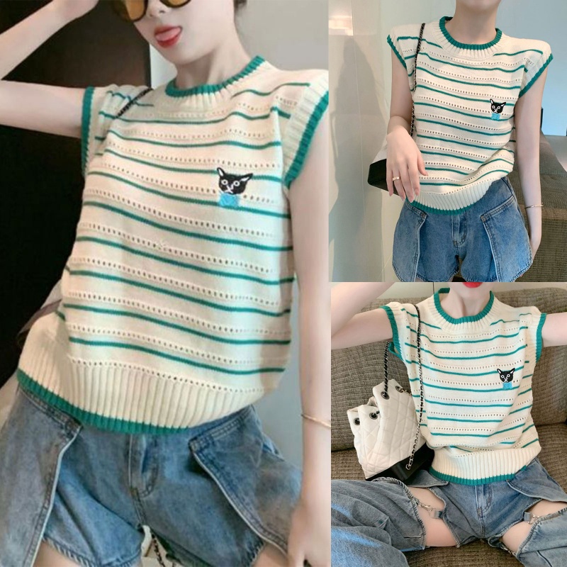 Áo Sweater Dệt Kim Sát Nách Dáng Rộng In Kẻ Sọc Màu Tương Phản Hình Chú Chó Dễ Thương Thời Trang Mùa Hè Cho Nữ