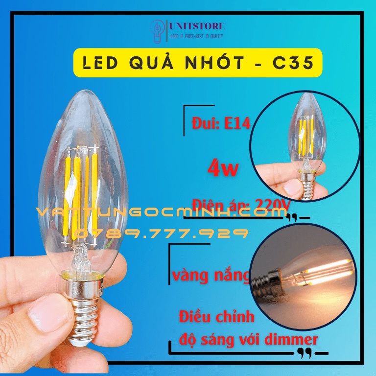 Bóng đèn trang trí Bóng đèn led quả nhót edison C35 đui E14 công suất 4w ánh sáng vàng nắng điều chỉnh độ sáng dimmer