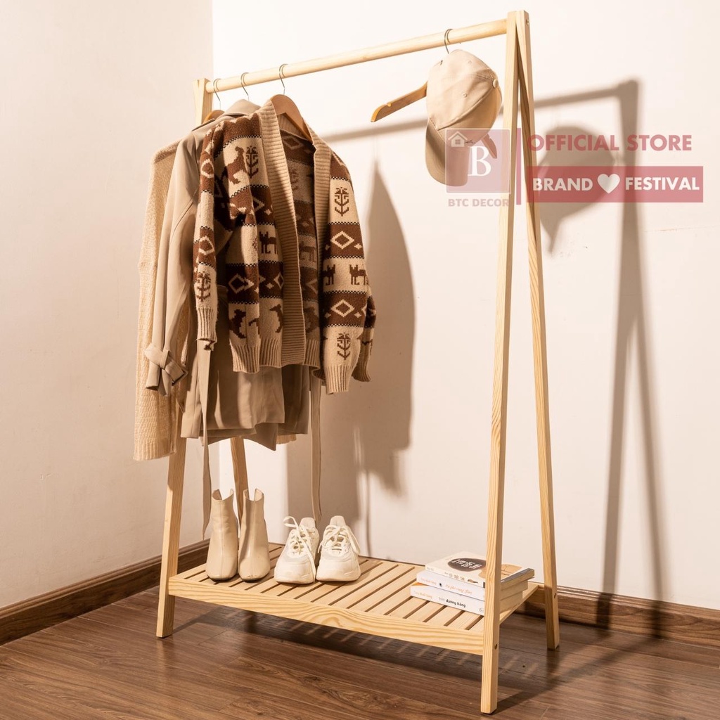 Giá Treo Quần Áo Gỗ Thông 1 Tầng BTC DECOR - Màu Sắc Tự Nhiên, Kích Thước 150 X 82 X 35 cm - BH 12 Tháng