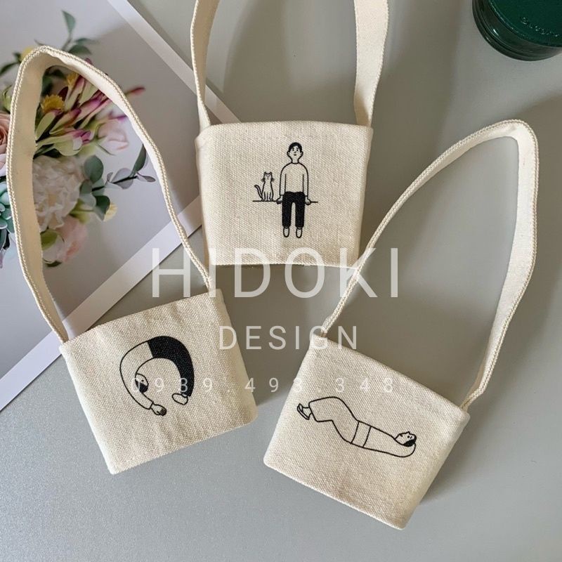 Túi Vải Đựng Ly Cốc Trà Sữa In Hình Lý Hoạ Lười Dây Vải Canvas