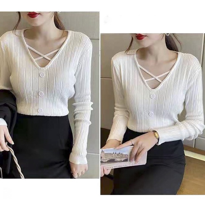 Áo len nữ dài tay 2 màu Be Trắng cổ V phong cách Hàn Quốc CW 364 (Ảnh cận chất) | BigBuy360 - bigbuy360.vn