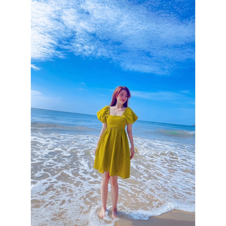 váy nữ màu xanh tay phồng siêu xinh xắn TT 40