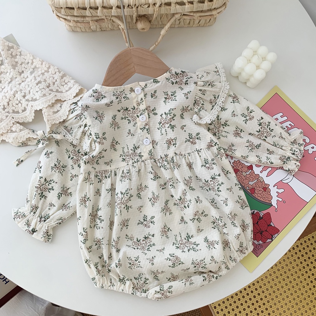 Bộ Áo Liền Quần Tay Dài In Hoa + Mũ Ren Kiểu Công Chúa Thời Trang Xuân Thu Cho Bé Gái