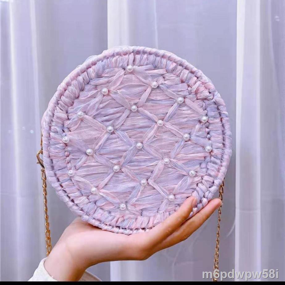 Túi dệt tay tự làm chất liệu ruy băng sợi tuyết len ​​lưới chế mùa hè đeo một vai tròn nhỏG