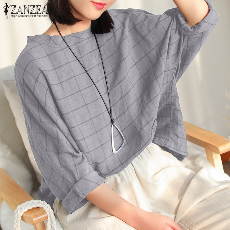 ZANZEA Áo Kiểu Tay Cánh Dơi Họa Tiết Caro Thời Trang Cho Nữ