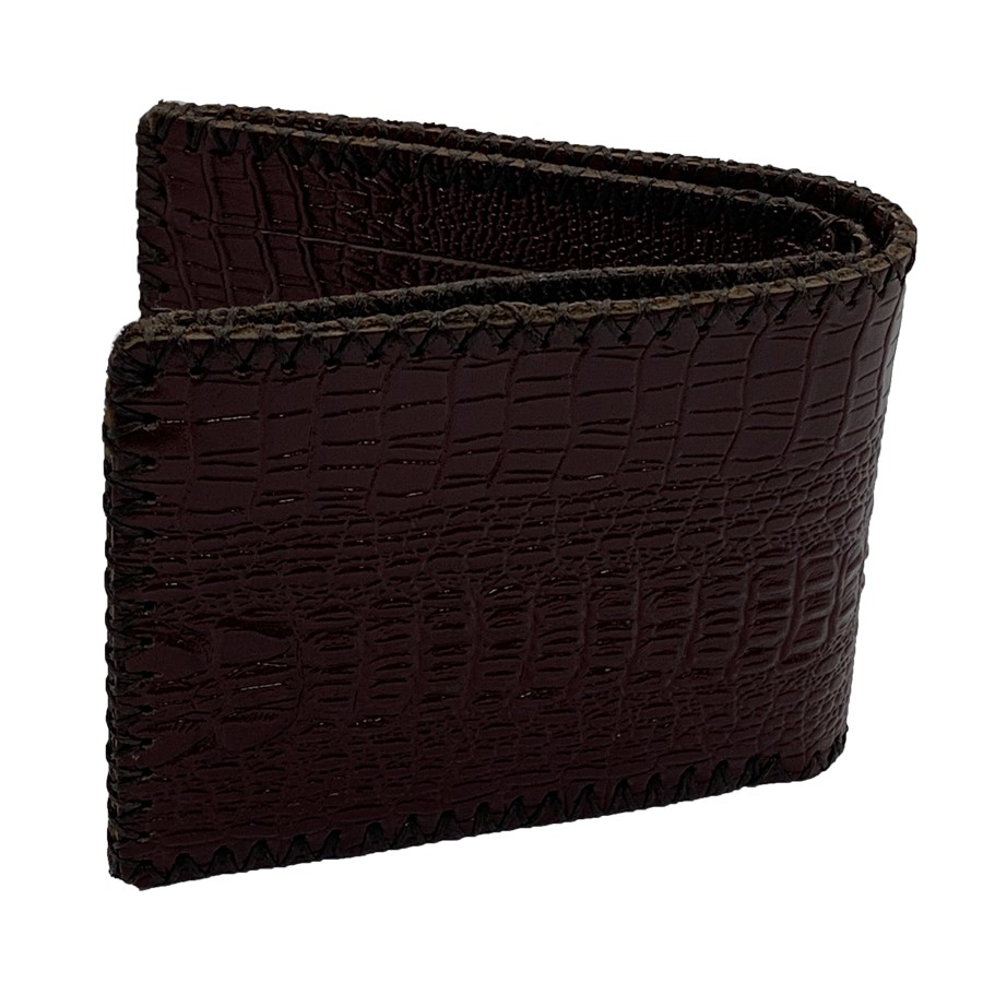 Ví Nam Ngang Da Bò Dập Vân Cá Sấu May Viền Tiến Công Màu Nâu Đỏ - TCN1041