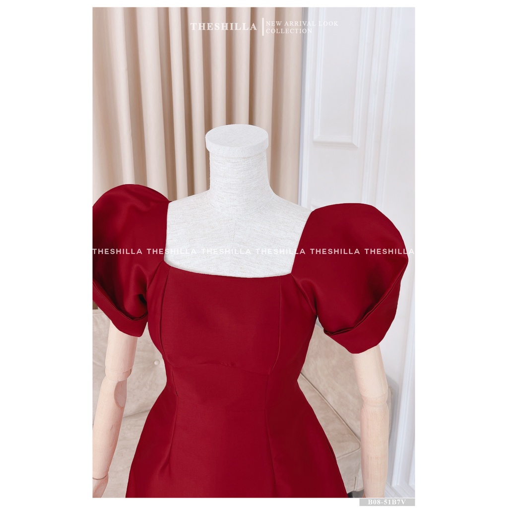 Váy thiết kế cao cấp màuđỏ tay phồng cổ vuông [ Có video + Ảnh thật ] The Shilla - B08-51B7
