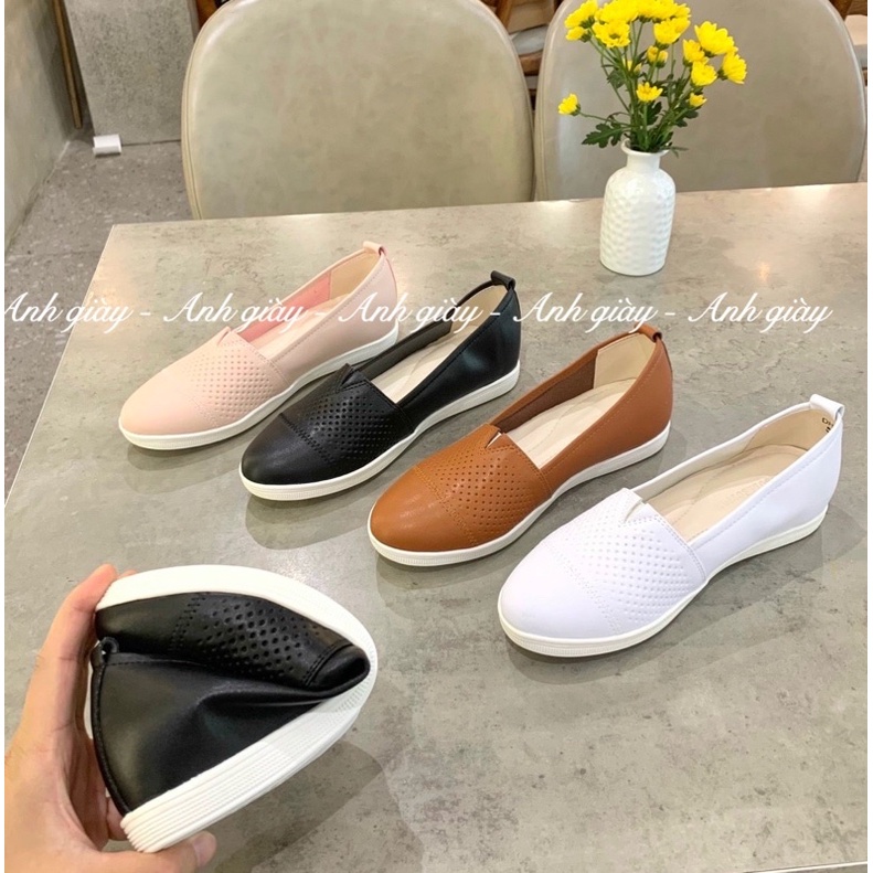 GB23- Giày slipon da lì , giày nữ đế bằng mũi tròn dập laze hàng VN xuất sịn cực êm chân