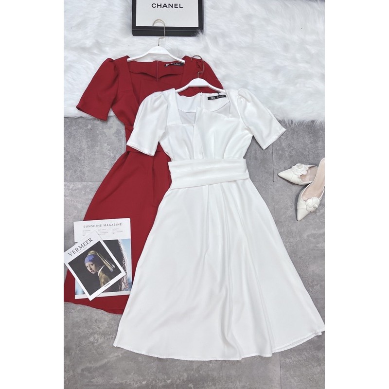 VNU254 - VÁY XẾP HỞ NGỰC CÁCH ĐIỆU ĐAI EO CỘC TAY | BigBuy360 - bigbuy360.vn