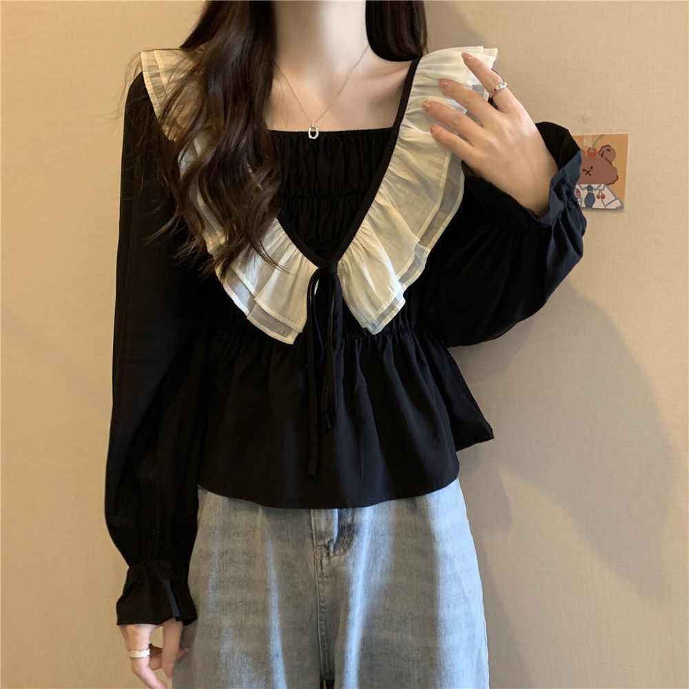 Jiashucheng Áo Sơ Mi Dài Tay Phối Bèo Nhẹ Nhàng Phong Cách Hàn Quốc Dễ Phối Đồ Cho Nữ