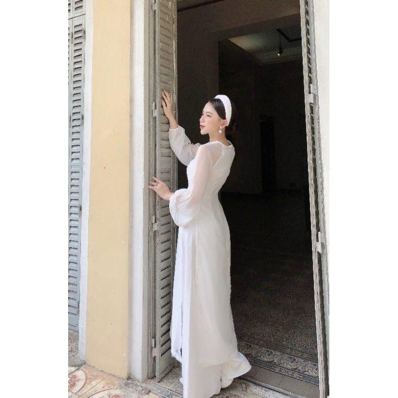 Áo dài trắng 2 tà phối tay