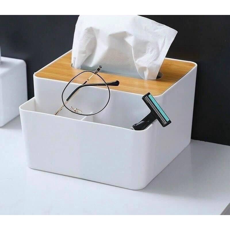 Hộp Đựng Giấy Ăn 3 Ngăn Nắp Vân Gỗ - Để Điều Khiển Tivi Sang Trọng Tiện Lợi