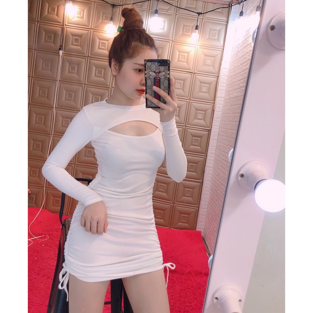 Siêu phẩm đầm cut out ngực tay dài rút dây 2 bên xinh sexy