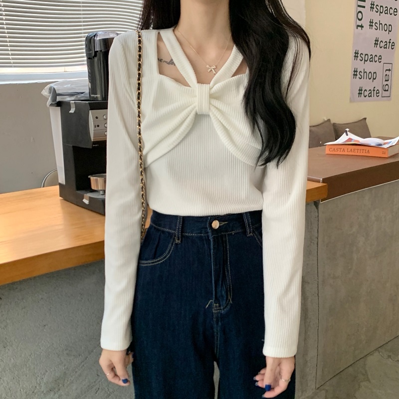 Áo kiểu ZHELIHANGFEI dệt kim tay dài thiết kế thắt nút nơ xinh xắn thời trang dành cho nữ