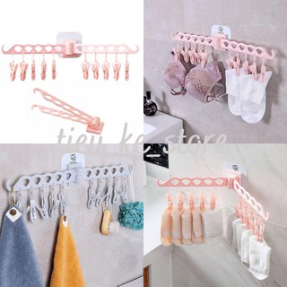 Móc treo tất vớ nhựa dán tường, gồm 10 kẹp, thanh treo đồ đa năng, cứng cáp, không cần khoan đục