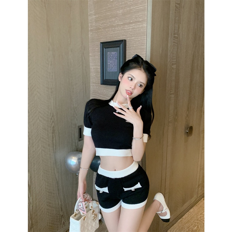 Cocory vn Bộ Áo Dệt Kim Ngắn Tay + Quần Short Lưng Cao Dáng Ôm Thời Trang Quyến Rũ Cho Nữ