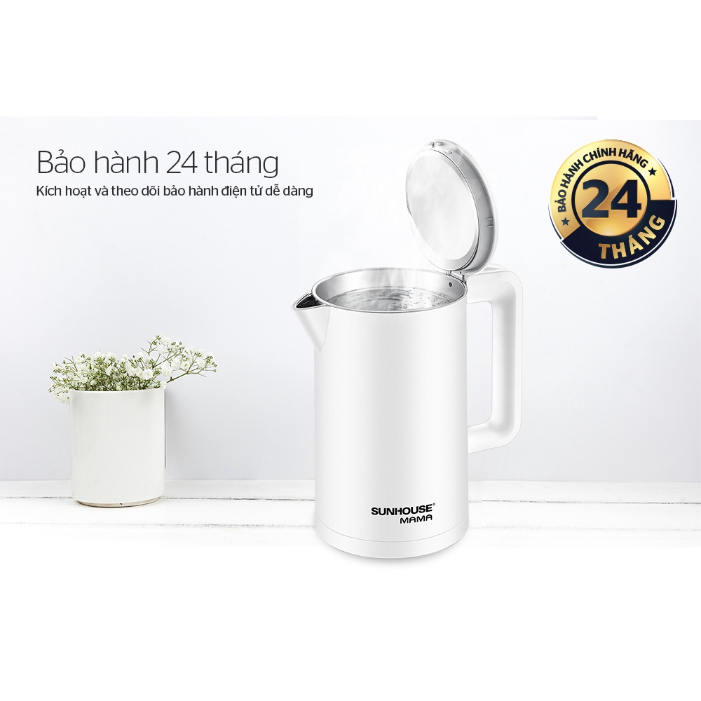 [Mã ELHADEV giảm 4% đơn 300K] Ấm siêu tốc inox 2 lớp 1.7L Sunhouse Mama SHD1386W, Bảo hành 24 tháng