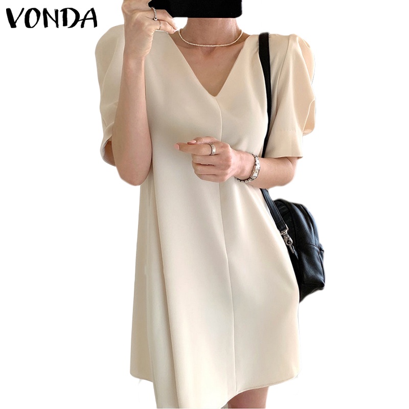 Đầm Vonda tay ngắn cổ chữ V màu trơn phong cách mùa hè Hàn Quốc cá tính hợp thời trang cho nữ