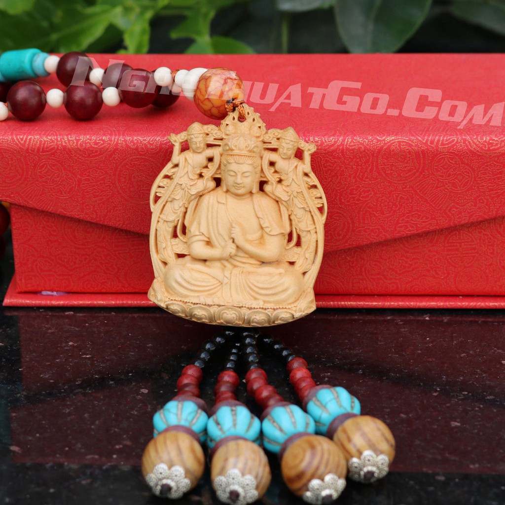 ) Dây treo xe ô tô tượng Phật Như Lai Đại Nhật bằng gỗ Hoàng Dương -TẶNG 1 VÒNG ĐEO TAY