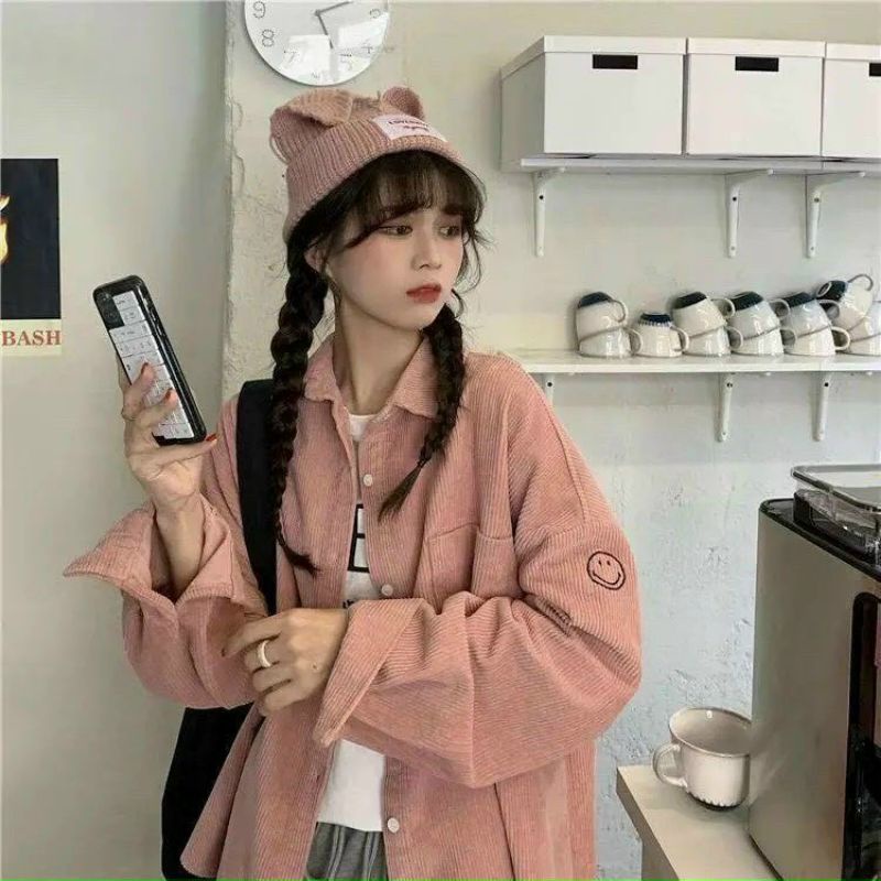 Áo khoác sơ mi nhung thêu mặt cười có túi trước form rộng ulzzang cực đẹp - TD TEENSHOP