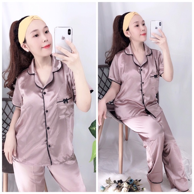 đồ bộ pijama phi lụa mặc nhà dài cộc nơ