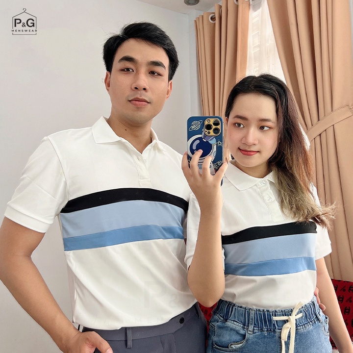 Áo Thun Polo nam nữ cặp đôi Premium, tay ngắn, cổ trụ - màu trắng ráp phối thang
