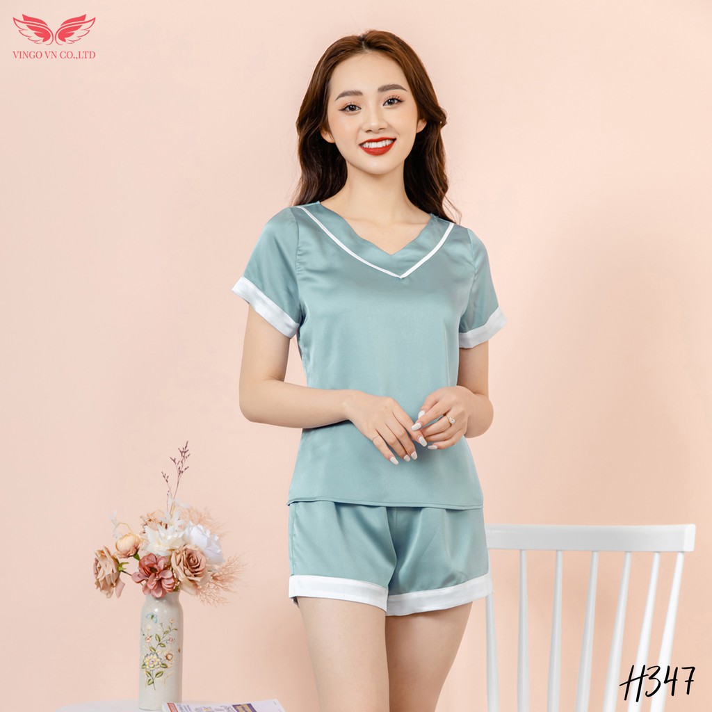 VINGO Bộ Đồ Mặc Nhà Nữ Lụa Hàn Trơn Kiểu Pyjama Tay Cộc Quần Cộc Cổ V H347 VNGO - TCQC | BigBuy360 - bigbuy360.vn