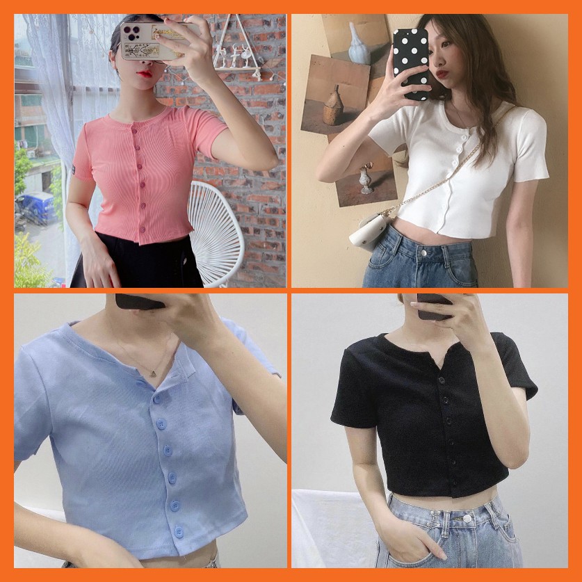 Áo Croptop Tay Ngắn Dáng Ôm khoá cúc, áo thun nữ gân tăm ngắn tay, Croptop Nữ Tay Ngắn phong cách Ulzzang | BigBuy360 - bigbuy360.vn