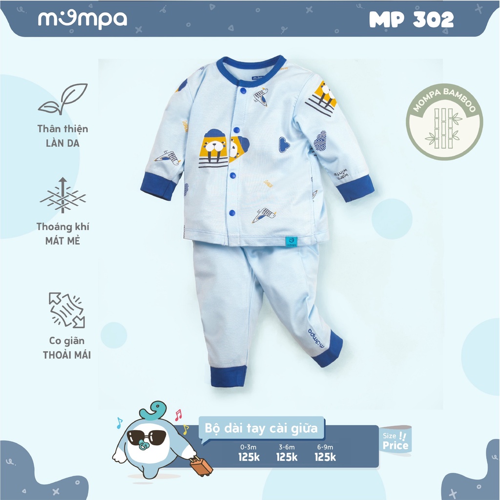 Quần áo em bé từ 0-9M dáng dài tay cài giữa MOMPA MP302 - Chất liệu Bamboo thoáng mát