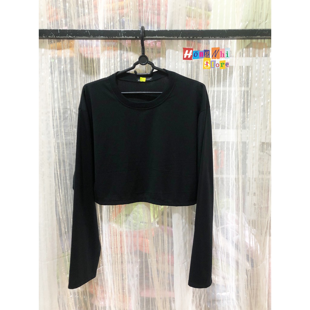 Áo Croptop Trơn Tay Dài Dáng Rộng Màu Đen Long Tee Ulzzang - MM