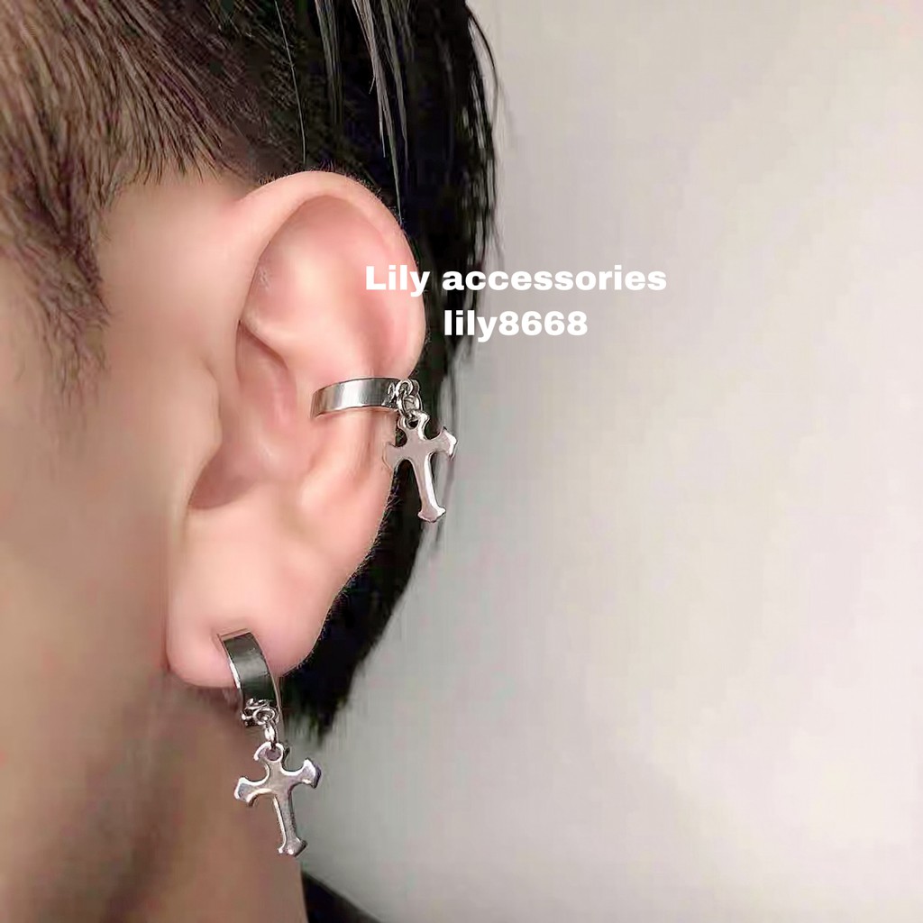 Cross Ear cuff kẹp tai titan thánh giá hoa cho nam nữ không cần xỏ lỗ không gỉ không đen không dị ứng