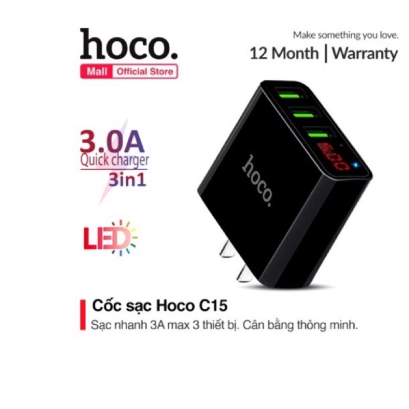 Củ Sạc Nhanh Hoco C15 3 USB - Màn Hình LCD Giá Rẻ - BH 1 Năm Lỗi 1 Đổi 1