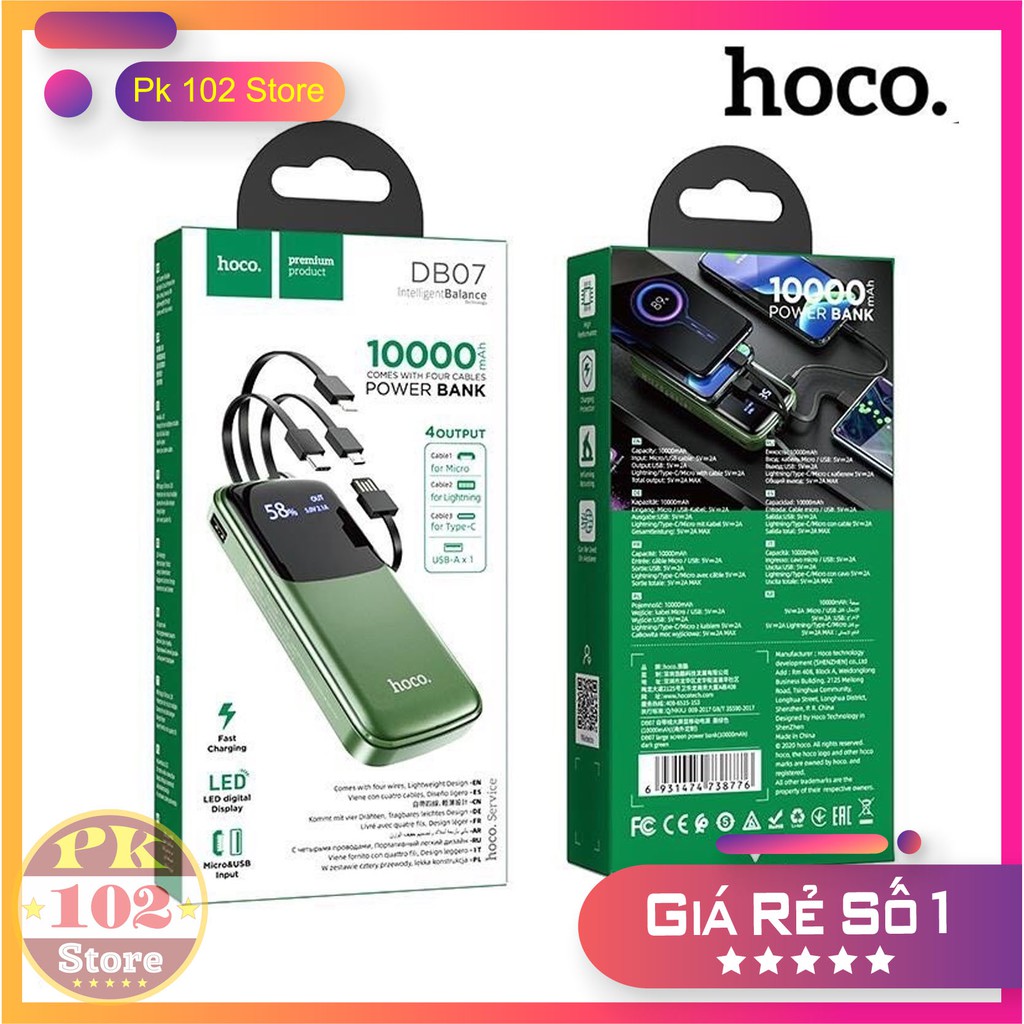 Sạc Dự Phòng 10000mah Hoco DB07 Tích Hợp 3 Cáp Sạc Micro/Lightning/Type-C - Bảo Hành 12 Tháng