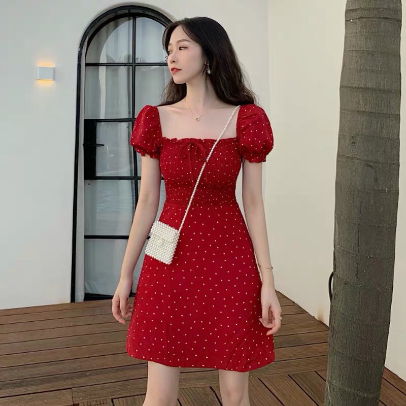 Váy vintage tay phồng dáng ngắn họa tiết chấm bi cute, Đầm nữ đẹp dáng suông phong cách ulzzang Hàn Quốc V04 - Peyy Clot