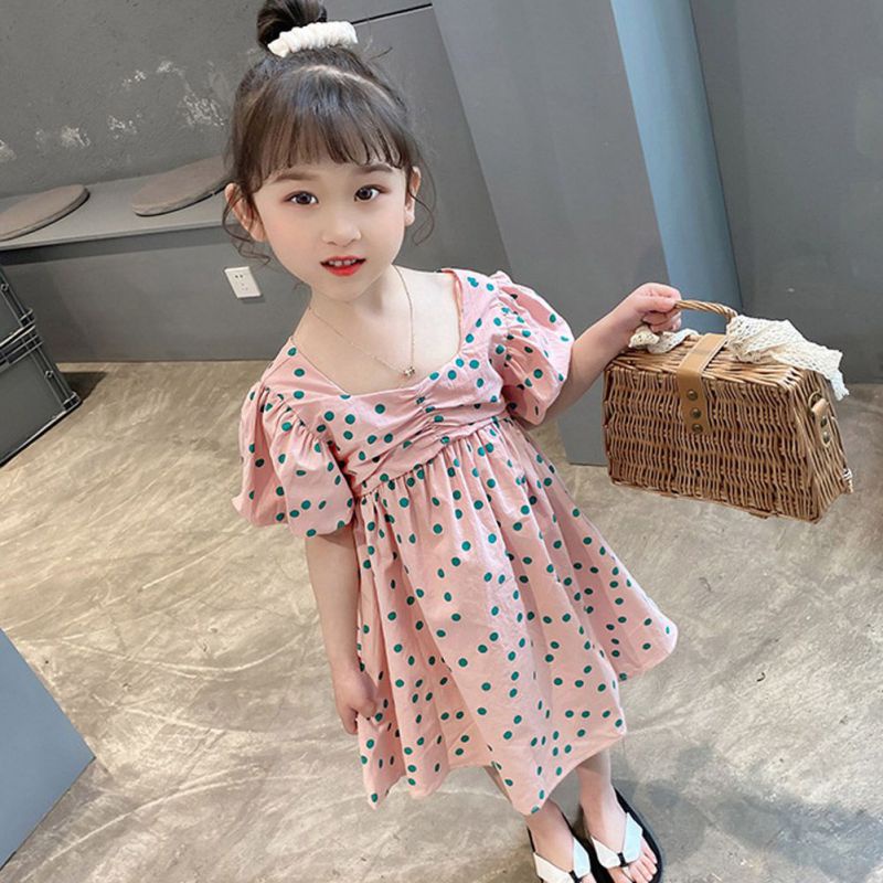 Đầm Tay Phồng Cổ Vuông Khoét Lưng Họa Tiết Chấm Bi Phong Cách Pháp Thời Trang Mùa Hè Cho Bé Gái