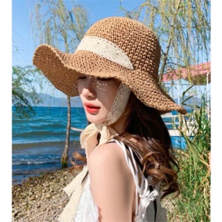 Nón cói đi biển, dây cột ren siêu xinh