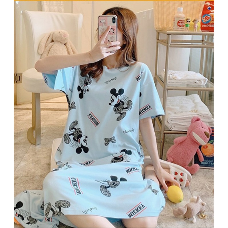 Váy ngủ cotton dáng suông cộc tay mềm mịn thoáng mát dễ thương VN-02 ( MICKEY )