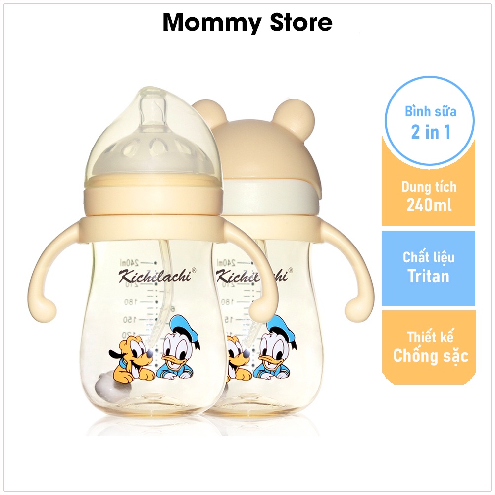 Bình sữa 2 in 1 cổ rộng Kichilachi Tritan có tay cầm chống sặc, đầy hơi cho bé 240 ml