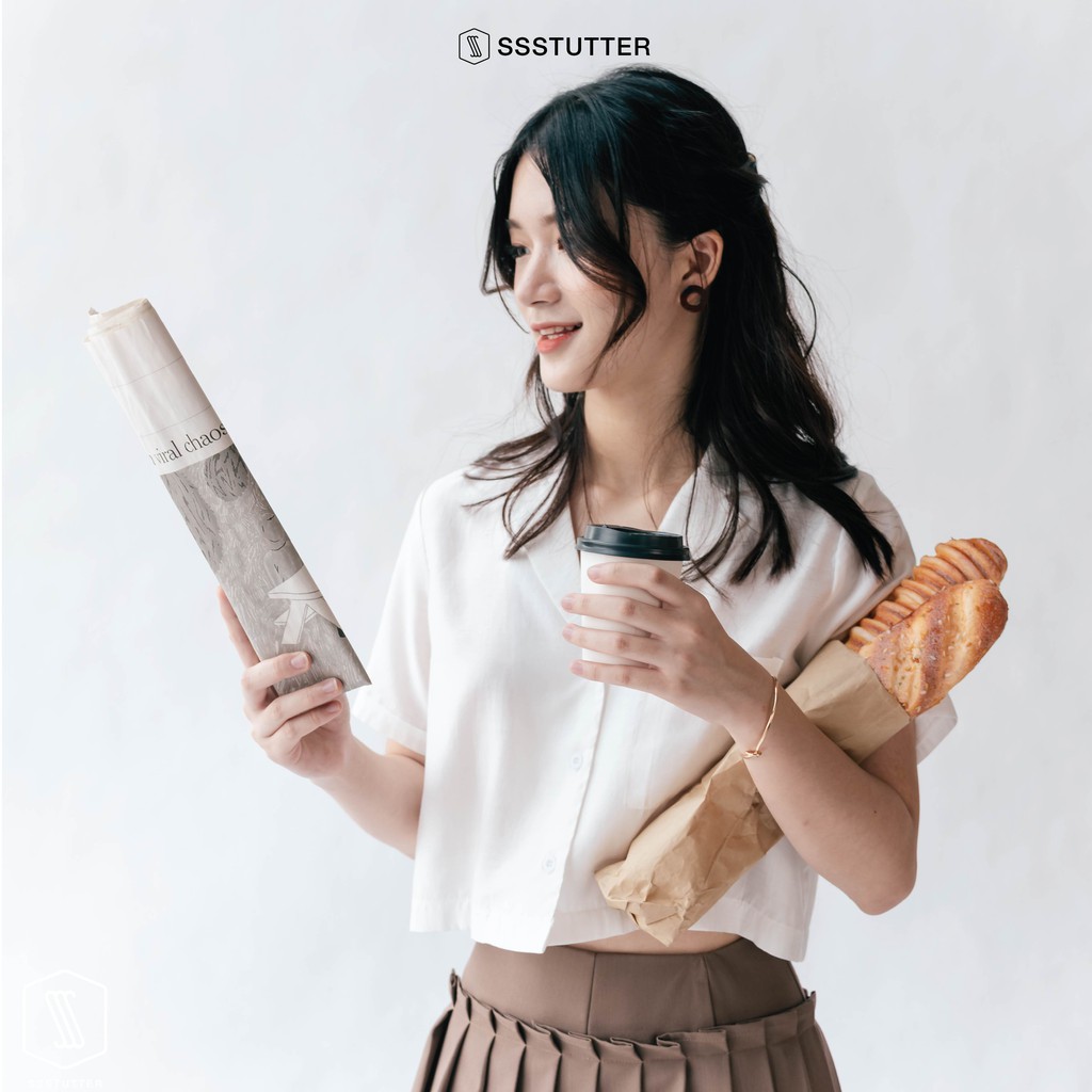 Áo croptop nữ SSSTUTTER cổ cuban dáng rộng chất linen thoáng mát cuban crop