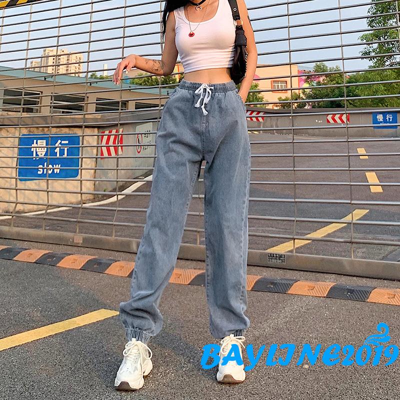 Quần Jeans Dài Lưng Cao Màu Trơn Thời Trang Sành Điệu Năng Động Cho Nữ