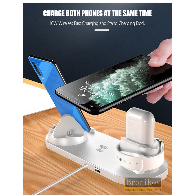 Mới Đế Sạc Nhanh ko dây 6 Trong 1 Cho IP11 Pro Xs Max 8 X đồng hồ táo 5 4 3 2 tai nghe ko dây táos Pro 2
