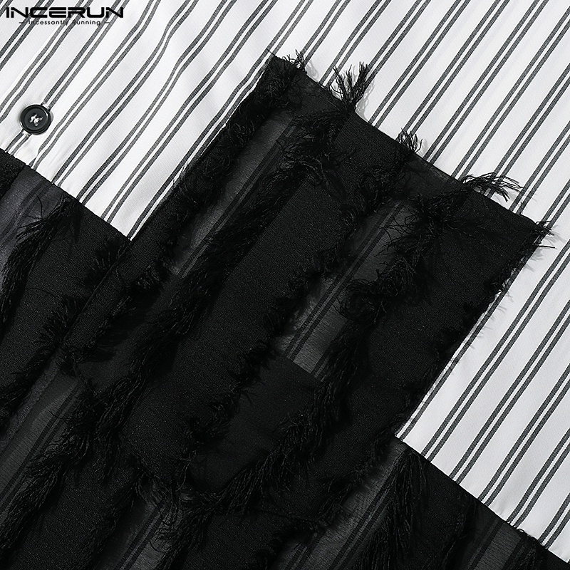 Áo sơ mi INCERUN ngắn tay dáng rộng gài nút kẻ sọc thời trang cho nam