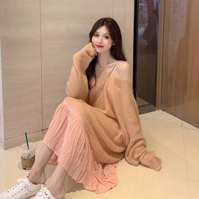 Set đầm suông dây và áo len mỏng ulzzang - có ảnh thật phía sau.