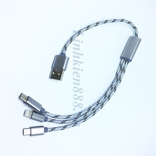Cáp USB Ra 3 Đầu Micro USB, Apple Và Type-C Dài 30cm Màu Ghi