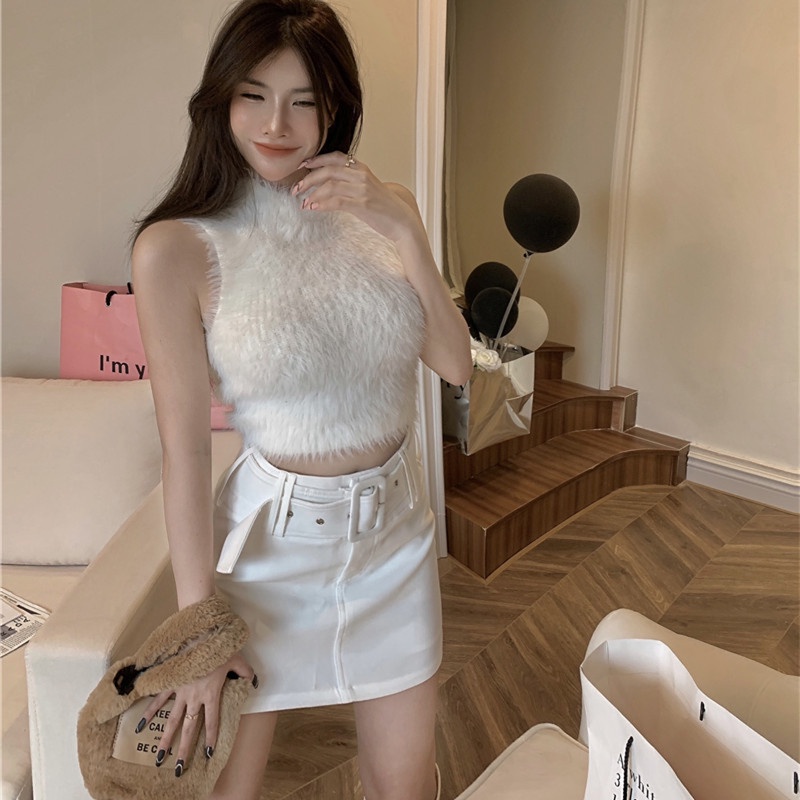 Bộ Áo Sát Nách Cổ Cao + Chân Váy Chữ a Lưng Cao Cá Tính Thời Trang