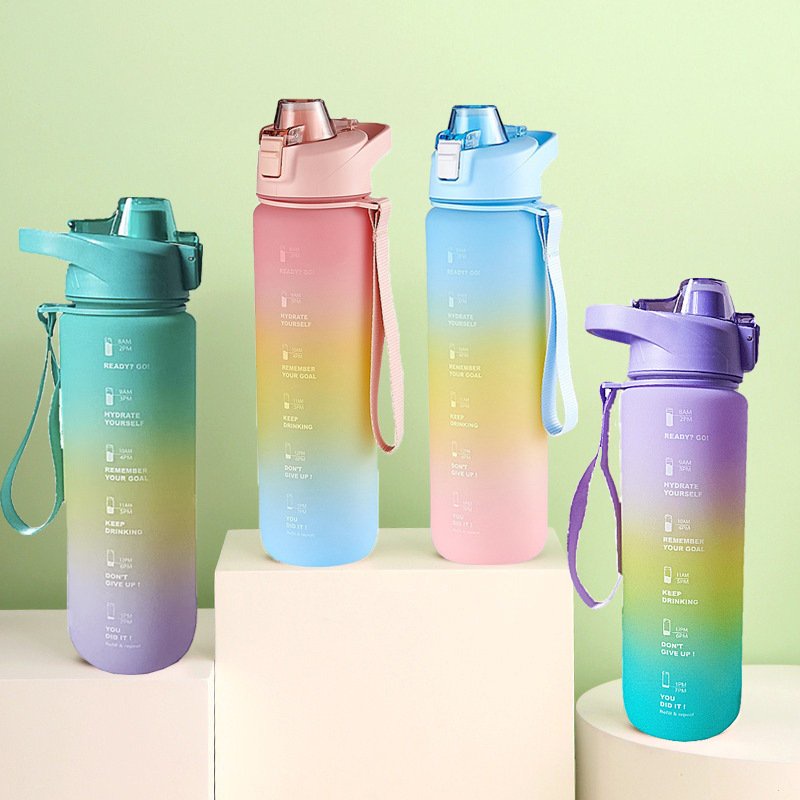 Bình Nước Cao Cấp 1000ml, bình nước cute có dây đeo và ống hút tiện lợi, bình có tặng kèm Hình Dán 3D siêu xinh
