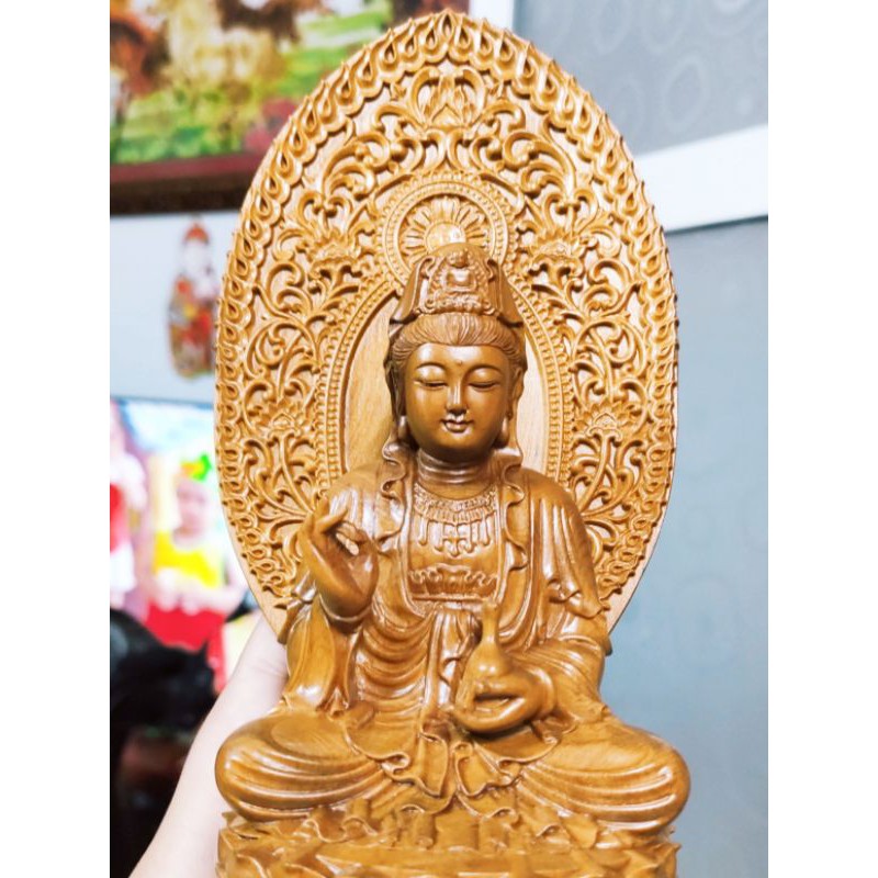 Tượng phật bà quan âm bồ tát từ bi ngôi trên đài sen chất liệu gỗ Bách xanh 16cm